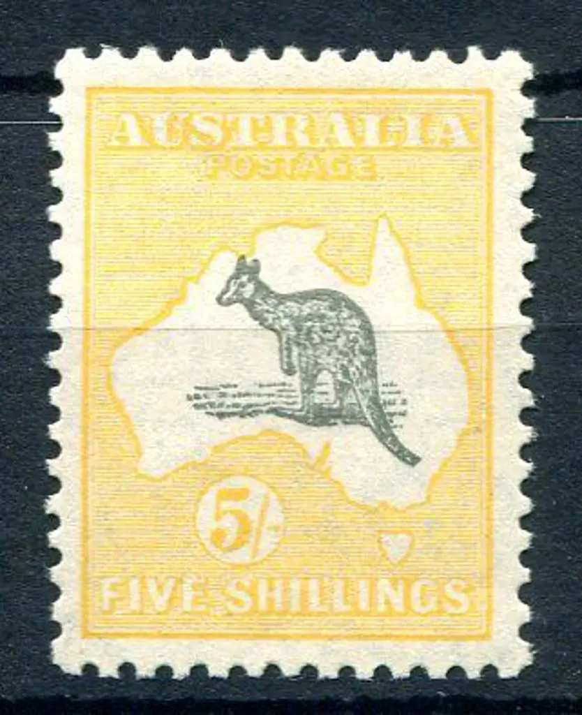 5/- grey & yellow-orange with "cut in kangaroo's ... Image 1++