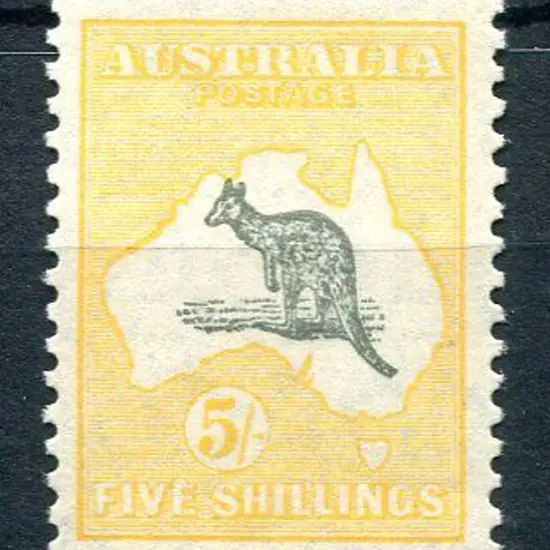 5/- grey & yellow-orange with "cut in kangaroo's ...
