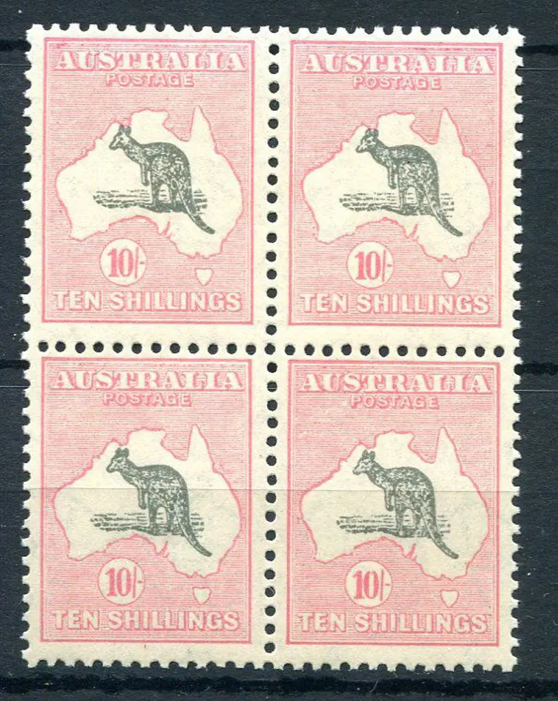 10/- grey & pale pink block of 4 with "muzzled ... Image 1++