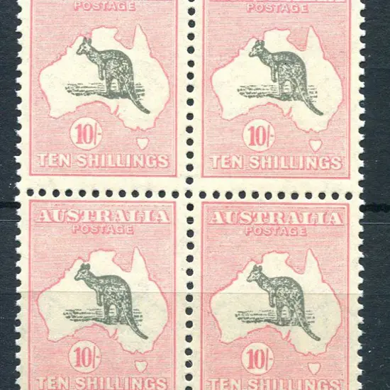 10/- grey & pale pink block of 4 with "muzzled ...