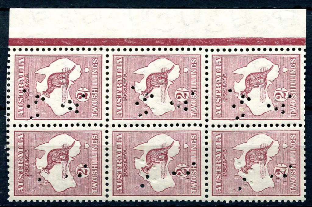 2/- pale maroon Die II in right selvedge block of ... Image 1++