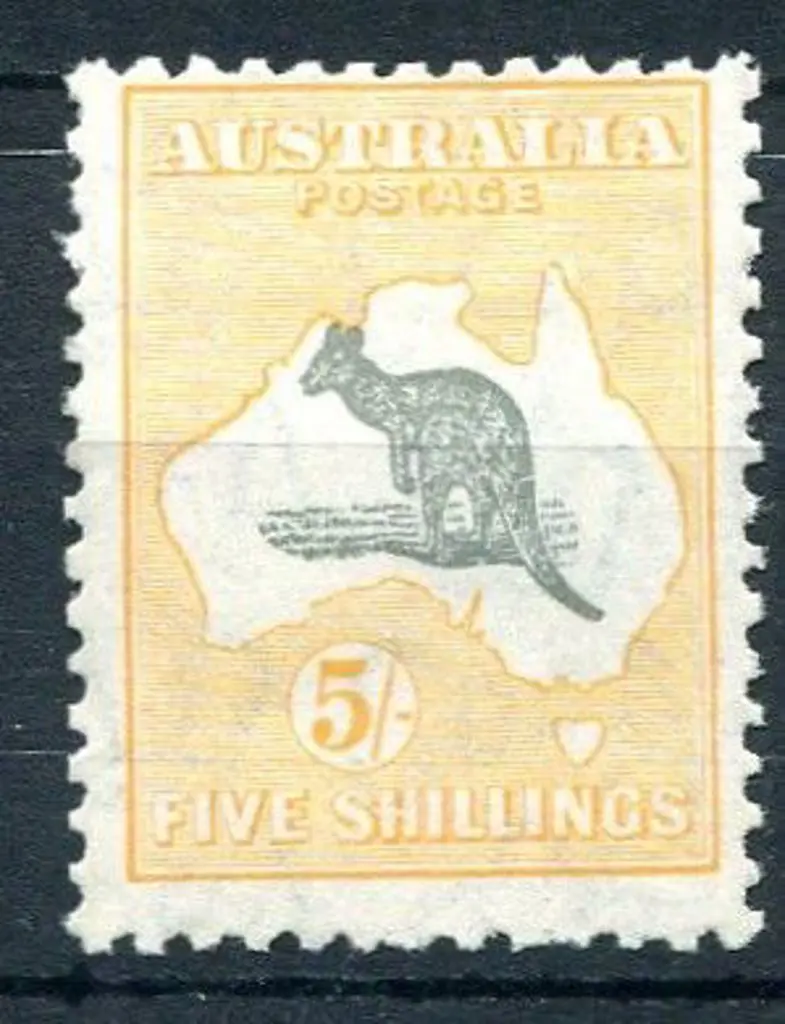 5/- grey & yellow-orange with "Muzzled kangaroo" ... Image 1++