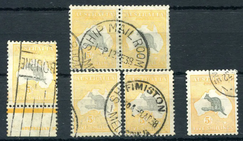 5/- grey & yellow-orange x 6 fine used incl pair ... Image 1++