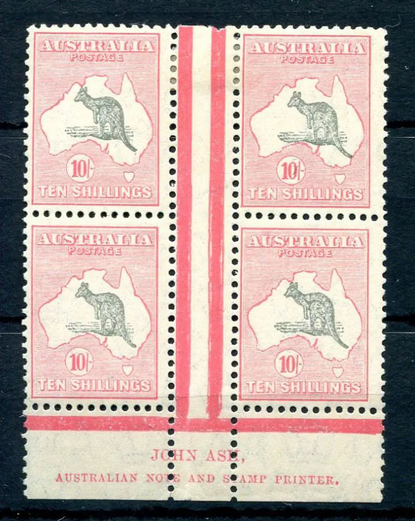 10/- grey & pink John Ash imprint block of 4 with ... Image 1++