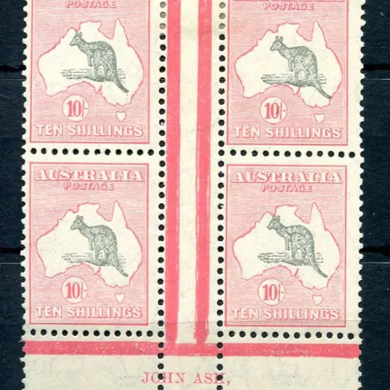 10/- grey & pink John Ash imprint block of 4 with ...