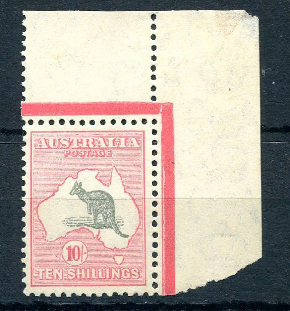 10/- grey & aniline-pink top right selvedge single ... Image 1++
