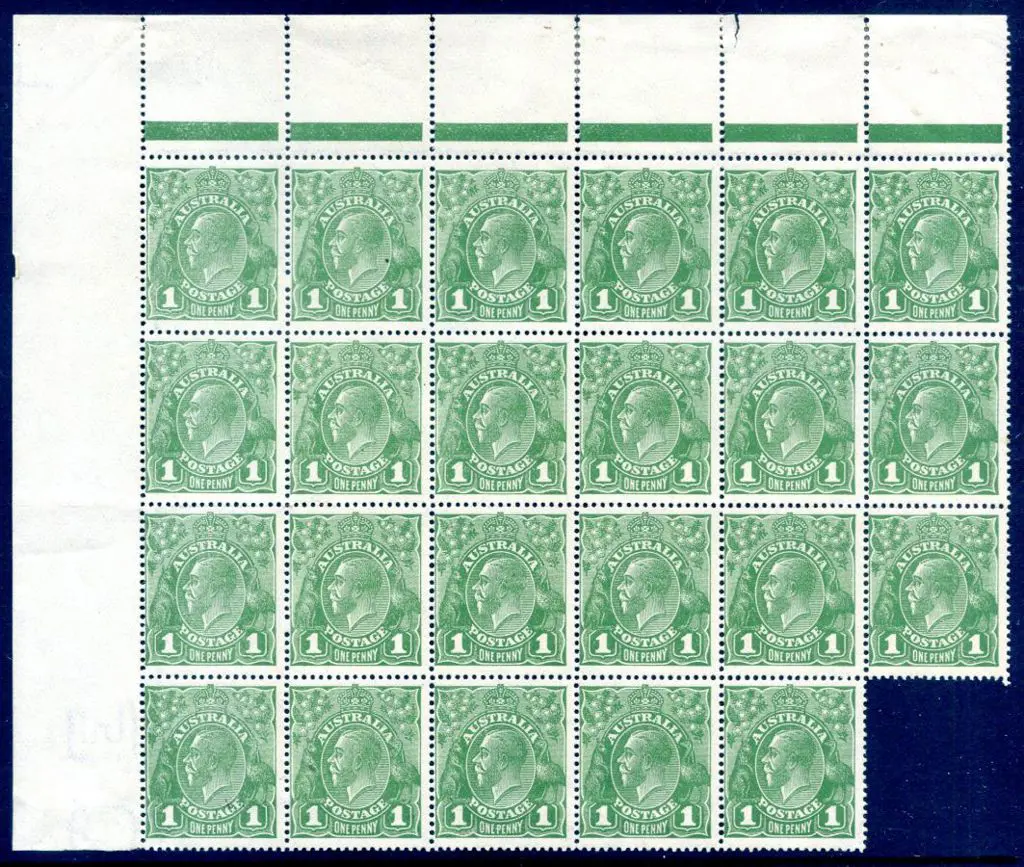 1914-20 Single Watermark 1d green plate 3 top left ... Image 1++