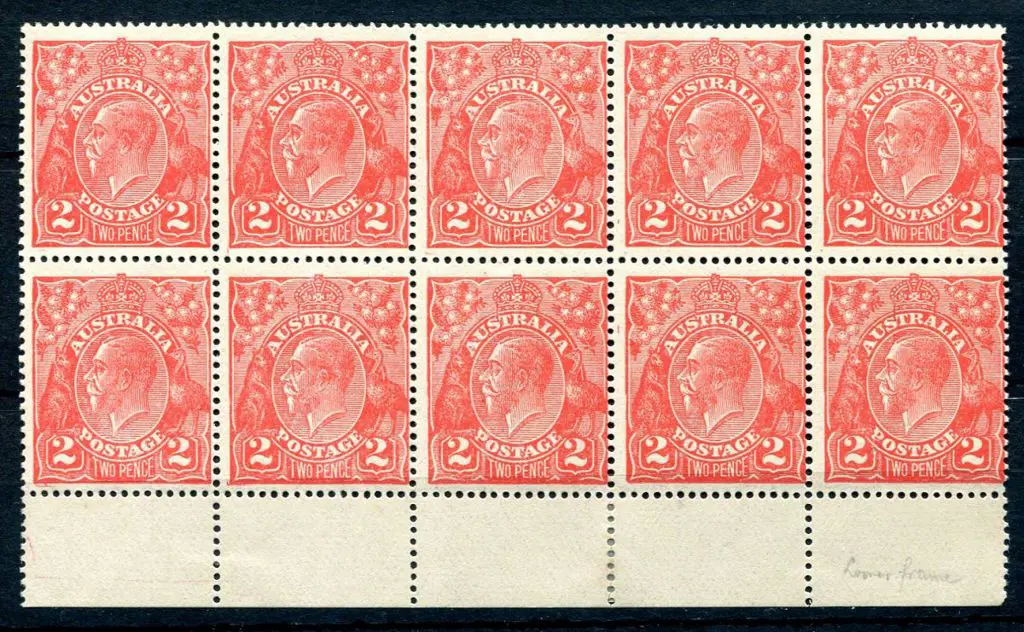 1914-20 Single Watermark 2d scarlet block of 10 ... Image 1++