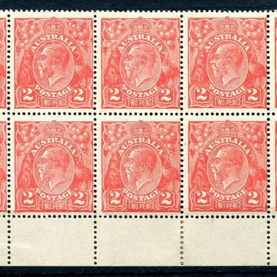 1914-20 Single Watermark 2d scarlet block of 10 ...