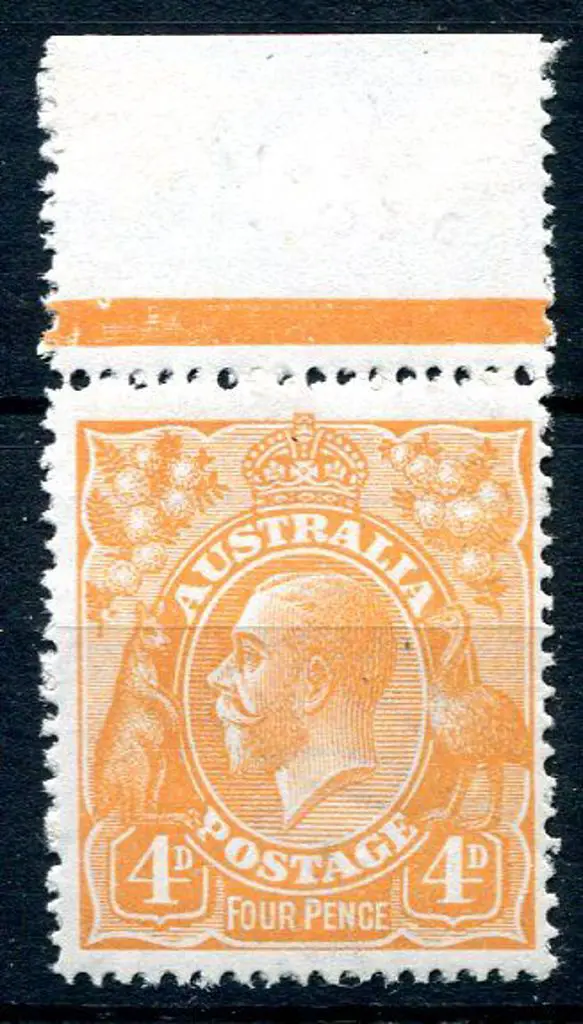 1914-20 Single Watermark 4d orange top margin ... Image 1++