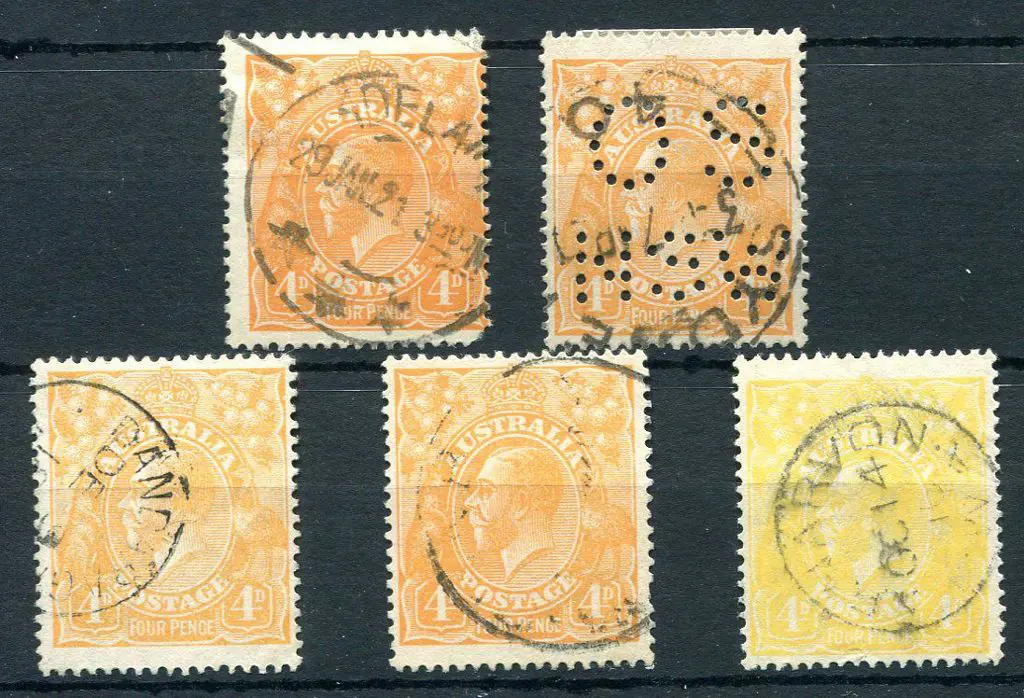 1914-20 Single Watermark 4d orange shades x 5 incl ... Image 1++