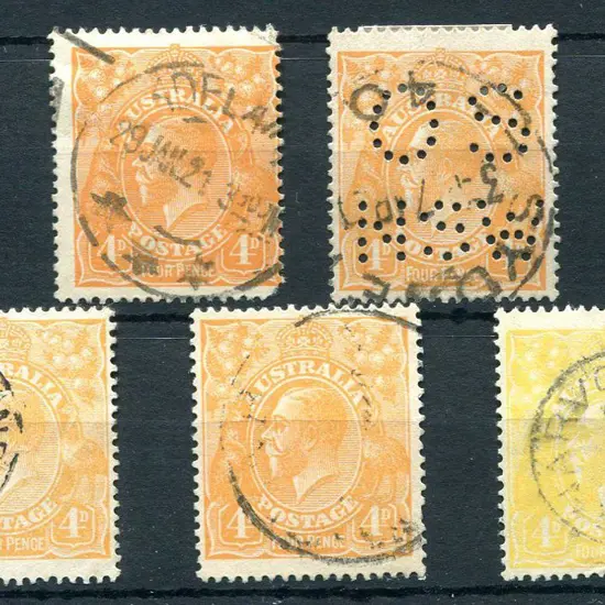 1914-20 Single Watermark 4d orange shades x 5 incl ...