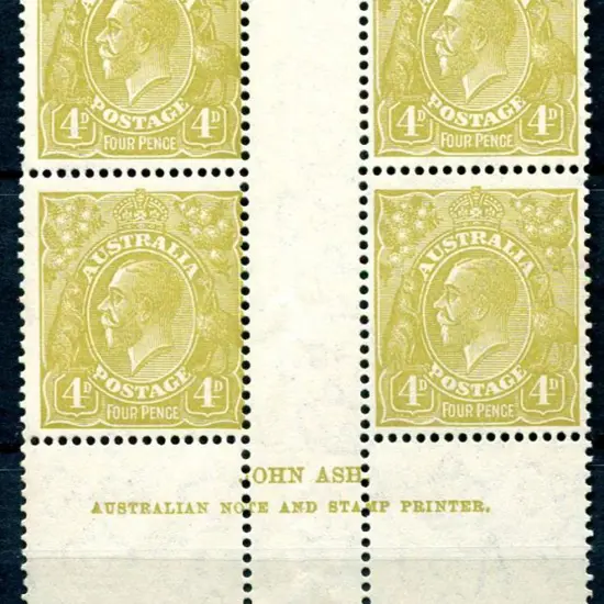 1931-36 CofA Watermark 4d olive plate 4 John Ash ...