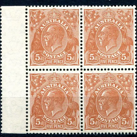 1931-36 CofA Watermark 5d orange-brown block of 4, ...
