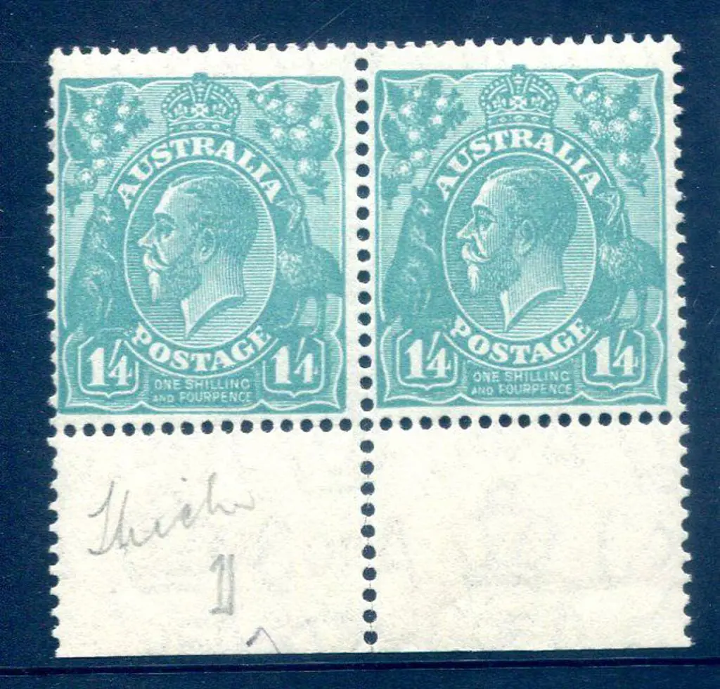 1931-36 CofA Watermark 1/4d deep turquoise pair ... Image 1++