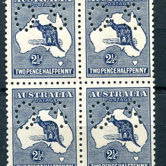 1913 2½d indigo, 3rd wmk block of 4 perfined "OS". ...