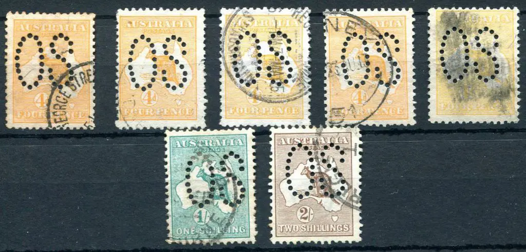 1913 4d orange in 5 shades, 1/- blue-green & 2/- ... Image 1++
