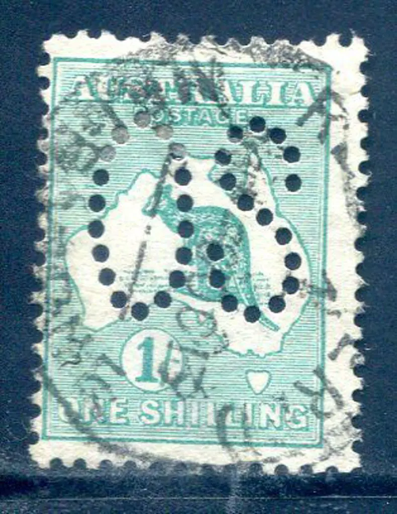 1913 1/- blue-green perfined large "OS" with ... Image 1++