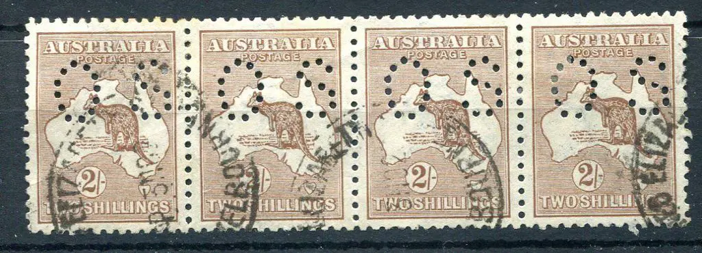 1915/28 2/- reddish-brown strip of 4 perfined ... Image 1++