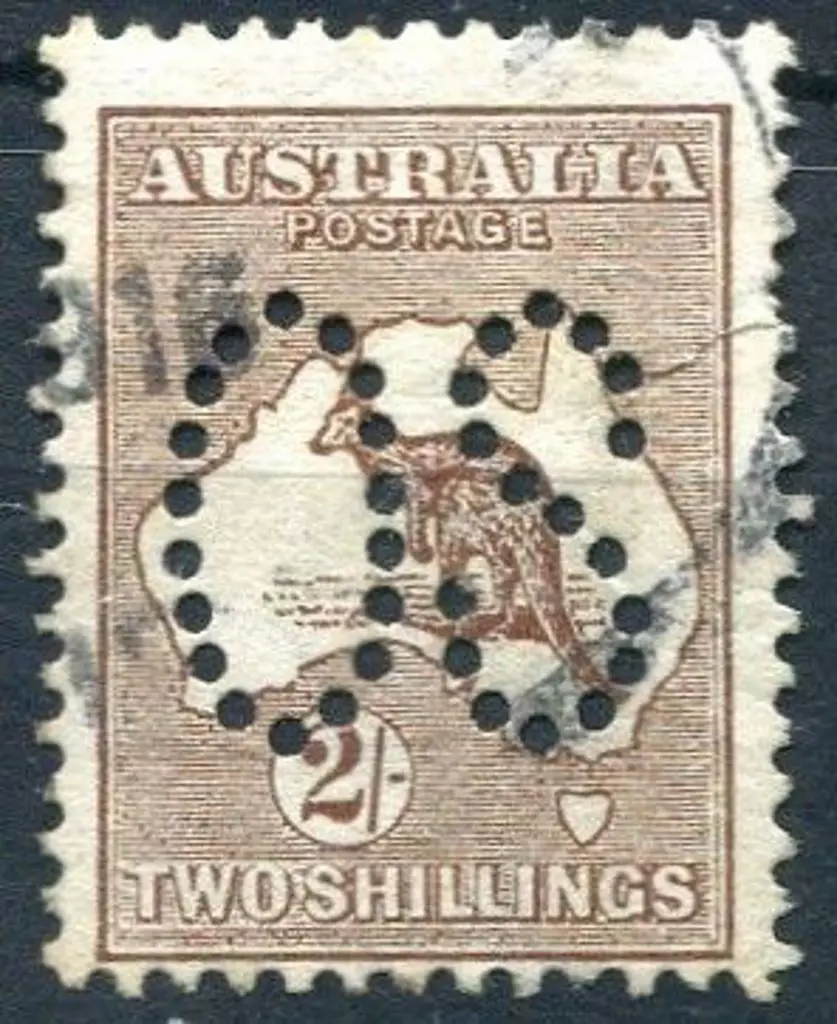 1913 2/- dark brown, 1st wmk perfined large "OS". ... Image 1++