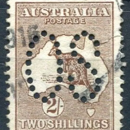 1913 2/- dark brown, 1st wmk perfined large "OS". ...