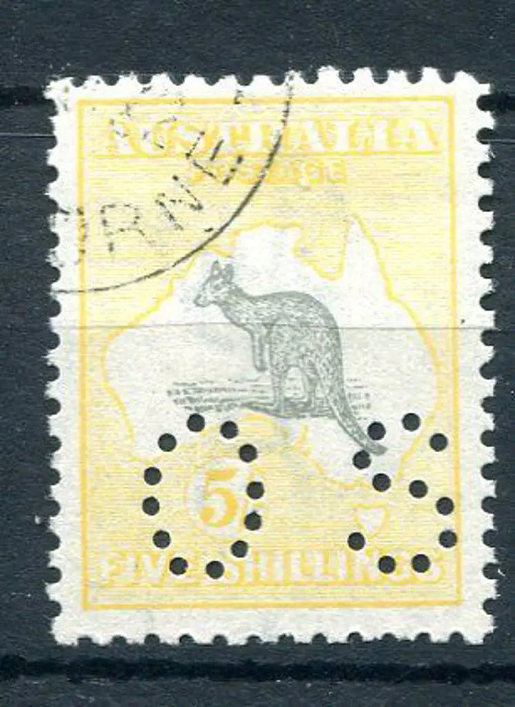 1915/28 5/- grey & yellow perfined small "OS". CTO ... Image 1++