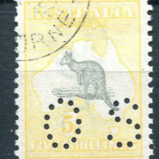 1915/28 5/- grey & yellow perfined small "OS". CTO ...