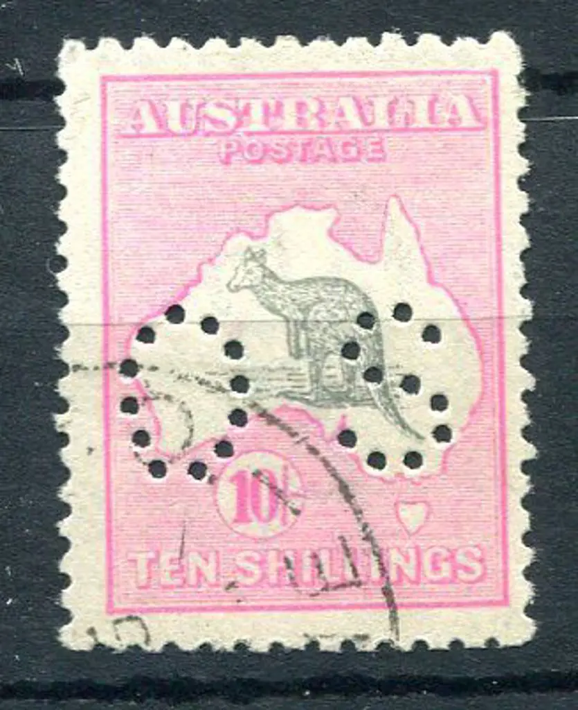 1915/28 10/- grey & pink, 3rd wmk perfined "OS". ... Image 1++