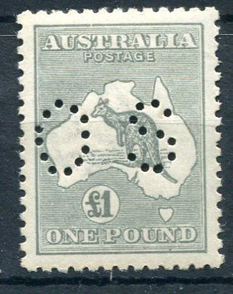 1915/28 £1 grey, 3rd wmk perfined "OS". Slightly ... Image 1++
