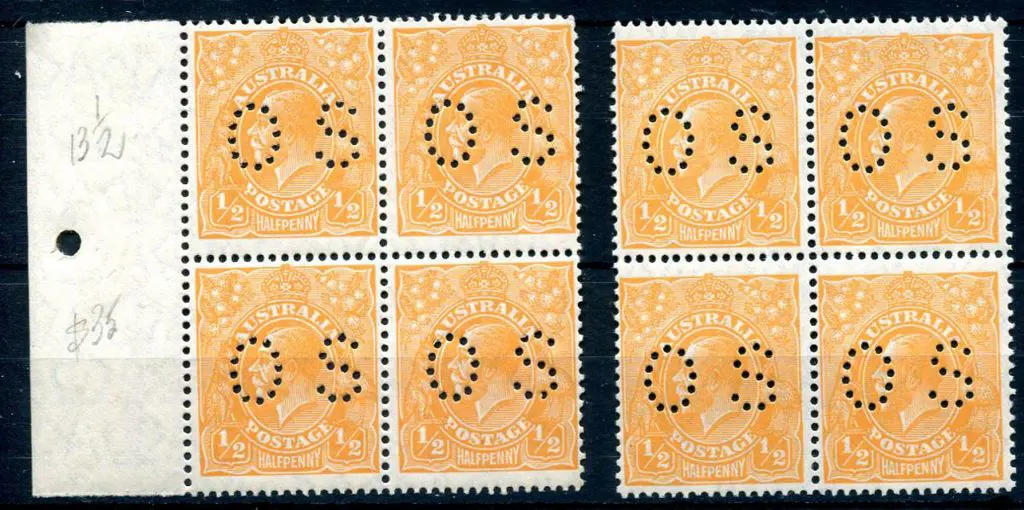 1926/30 ½d orange, SMW, perf 13½x12½ blocks of 4 ... Image 1++