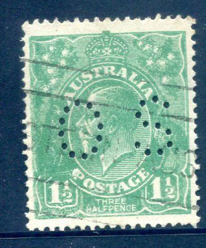 1914/20 1½d green single wmk perfined "OS" & ... Image 1++
