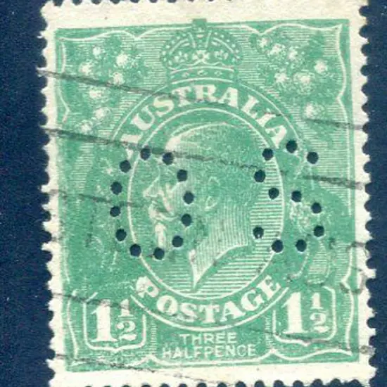 1914/20 1½d green single wmk perfined "OS" & ...