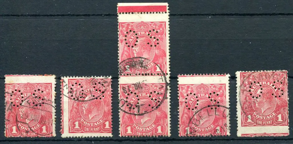 1914/20 1d reds x 6 perfined "OS" all with ... Image 1++