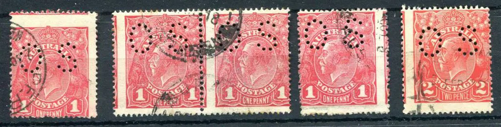 1914/20 1d red horiz pair & 3 singles all perfined ... Image 1++