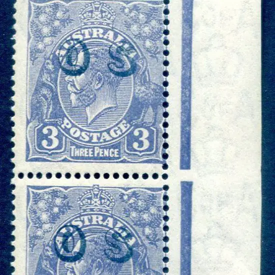 1931/36 3d blue KGV top right selvedge pair ovptd ...