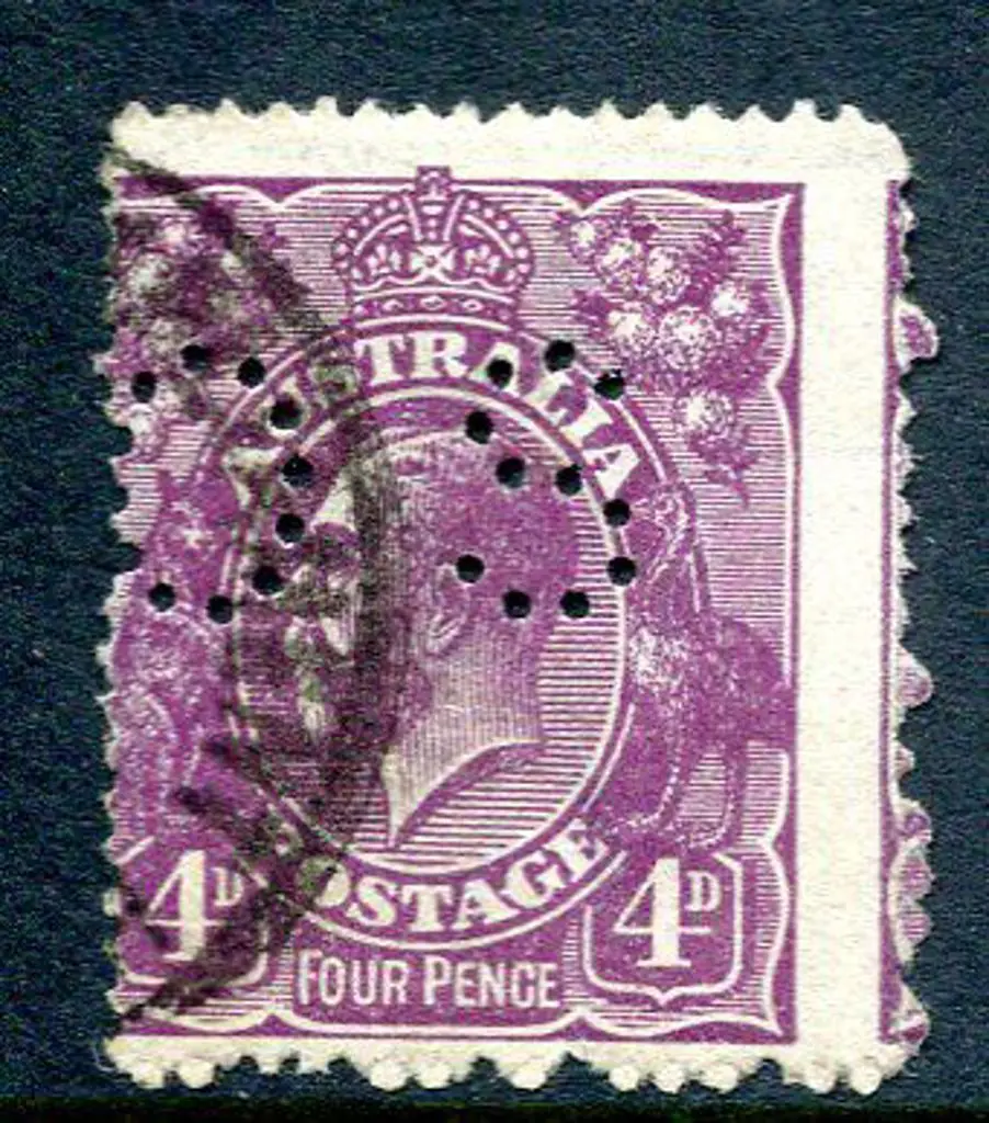 1914/20 4d violet KGV single wmk perfined "OS" ... Image 1++
