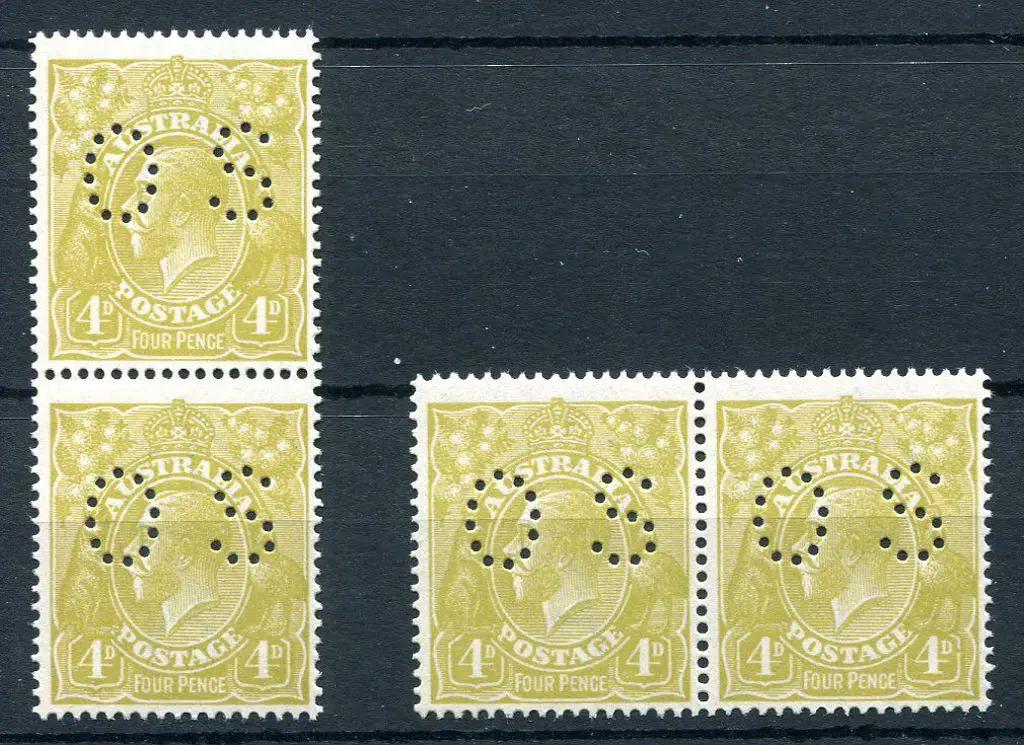 1914/20 4d olive, single wmk perfined "OS" in 2 ... Image 1++