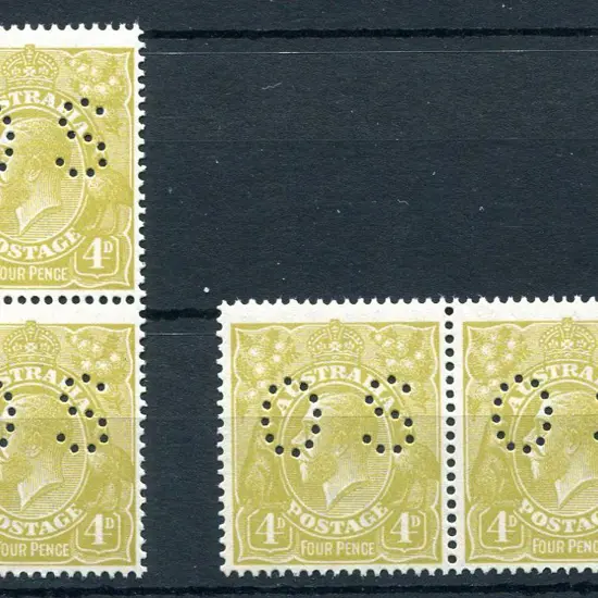 1914/20 4d olive, single wmk perfined "OS" in 2 ...