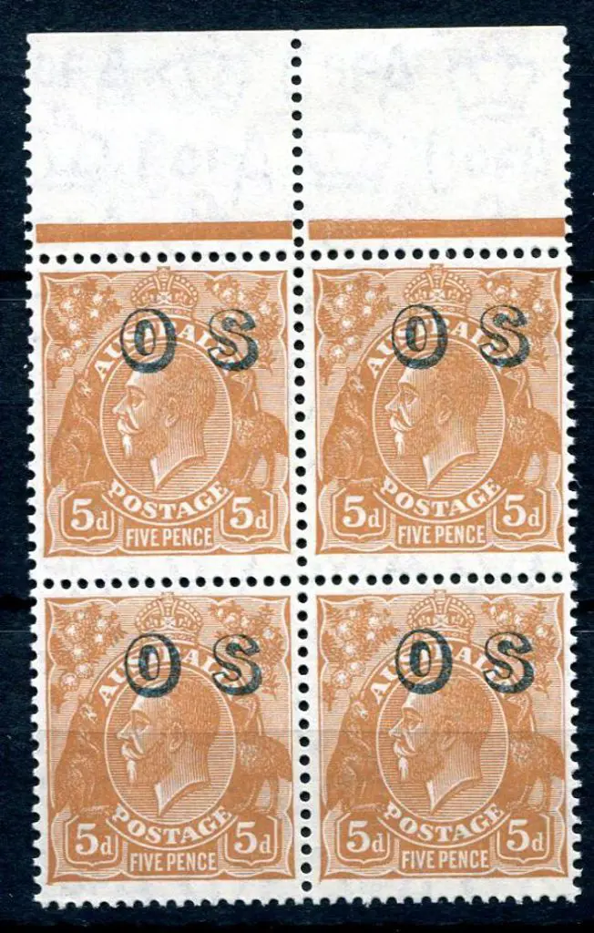 1931/36 5d orange-brown KGV, CofA wmk ovptd "OS" ... Image 1++