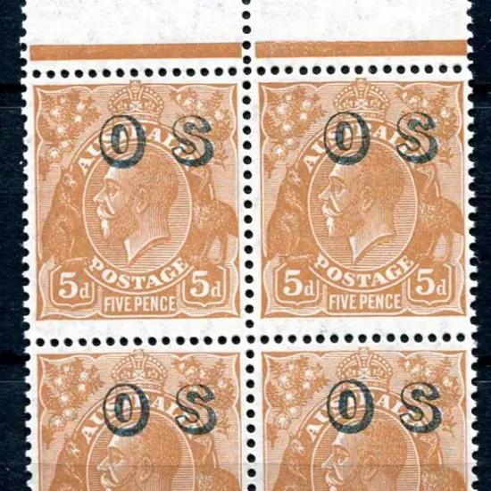 1931/36 5d orange-brown KGV, CofA wmk ovptd "OS" ...