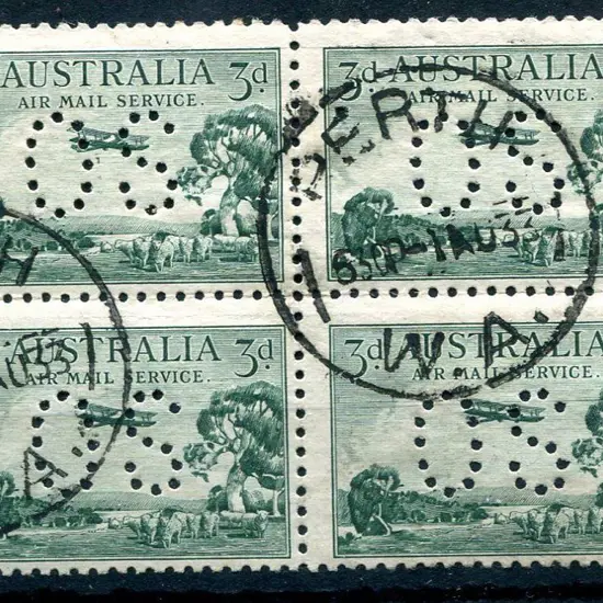 1929 3d Airmail type B block of 4 perfined "OS" ...