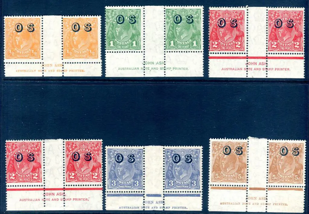 1931/36 KGV ovptd "OS" John Ash imprint pairs with ... Image 1++