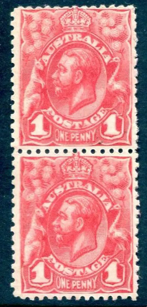 1913 1d bright scarlet KGV re-engraved vert pair ... Image 1++