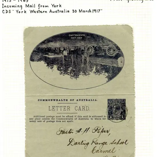 1917 (30th Mar) "Ash Log Queensland" Lettercard in ...