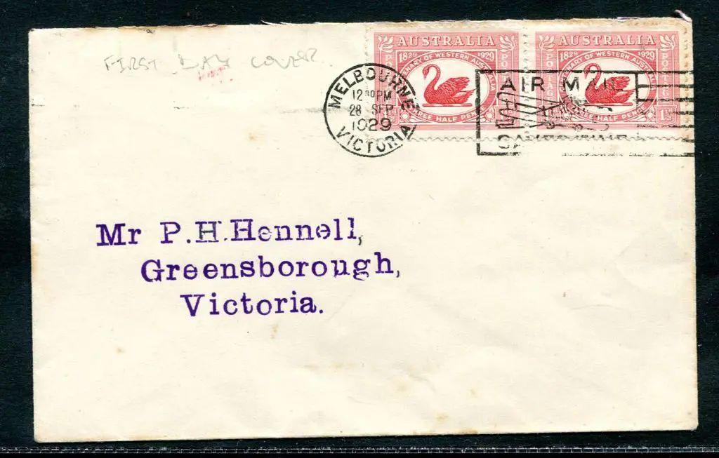 1929 (28th Sept) 1½d WA Cent pair pmkd on FDI by ... Image 1++