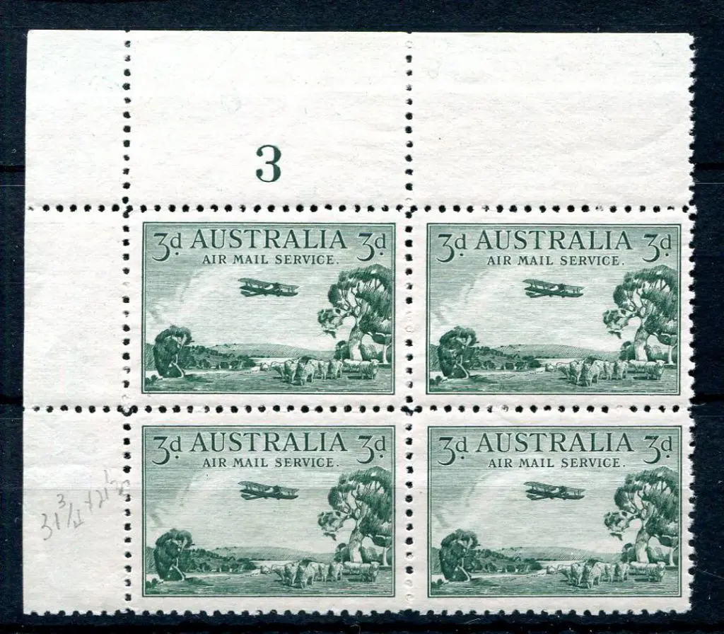 1929 3d Airmail, type B in Plate 3 block of 4. ... Image 1++