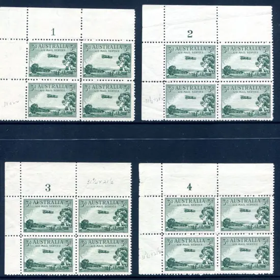 1929 3d Airmail, type B mesh paper in Plate 1-4 ...
