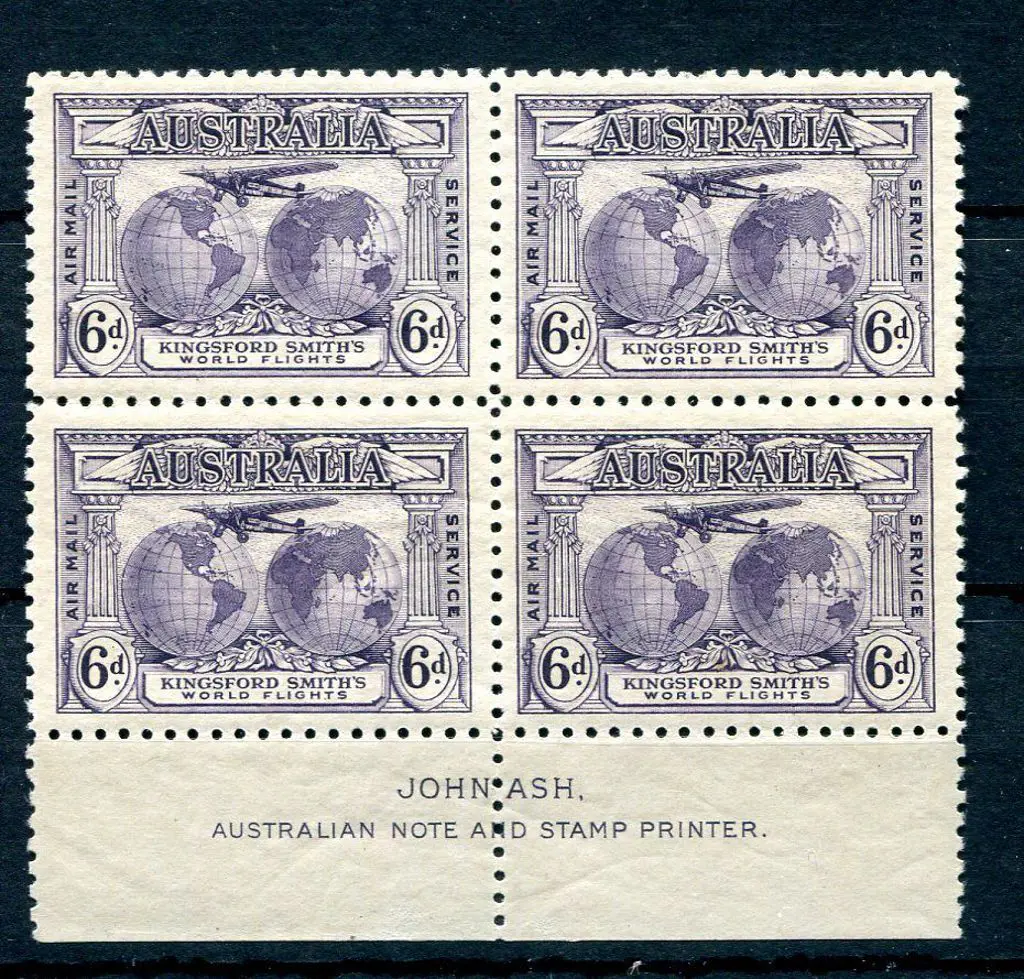 1931 6d dull violet Kingsford Smith imprint block ... Image 1++