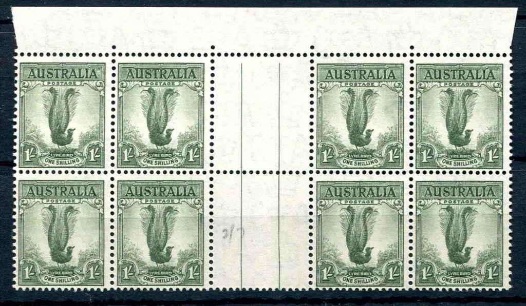 1937/59 1/- lyrebird, perf. 15x14 in gutter block ... Image 1++