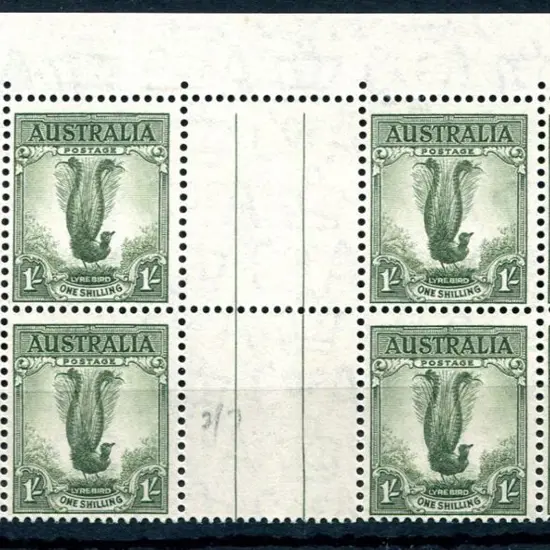 1937/59 1/- lyrebird, perf. 15x14 in gutter block ...